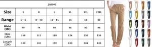 Detailed size chart for women's drawstring cotton linen trousers from sizes S to XXXL