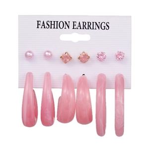 Pink earring set with 6 pairs of heart-shaped faux pearl and rhinestone studs for women