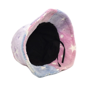 Detail view of tie-dye plush bucket hat showing star moon patterns and adjustable inner cord