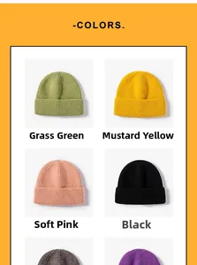 Detailed overview of various knitted beanies in grass green, ginger yellow, pink, and black