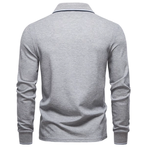 Rear view of grey long-sleeve cotton polo shirt showing knitted texture and ribbed cuffs
