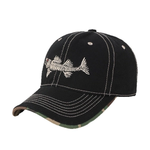 Black cotton baseball cap with fish bone embroidery and white contrast stitching detail