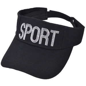 Detail view of black sport sun visor hat with white embroidered lettering on the front