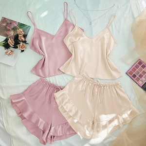 Women Pajamas Camisole Top And Ruffle Hem Shorts Satiny Satin V Neck Sleeveless Minimalist Sleepwear Loungewear