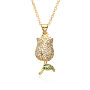 Gold plated brass tulip necklace with sparkling pave zircons and green stone leaves