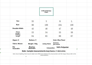 Guide des tailles détaillé pour chemise en satin à imprimé floral bleu et blanc