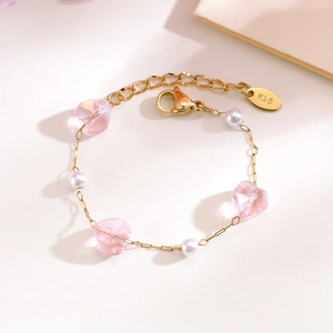 Gold-plated stainless steel chain bracelet with pink heart beads and white pearls