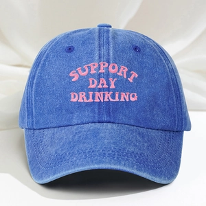 Adjustable washed blue cotton baseball cap with pink SUPPORT DAY DRINKING embroidery