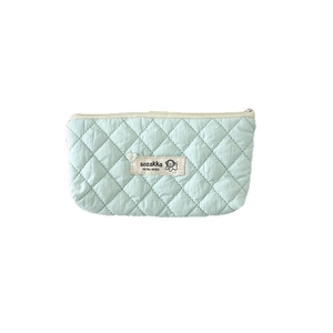 Mint green quilted checkerboard pencil case with heart detail and large capacity
