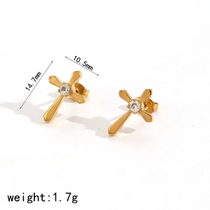 Golden stainless steel cross stud earrings with center crystal and 14.7mm size guide