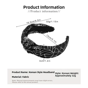Close-up of black spider web headband with dimensions showing 16.5cm width and 3cm thickness