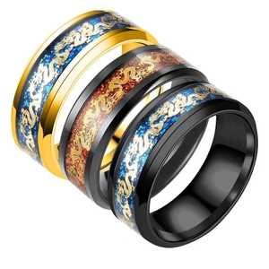 Men's stainless steel rings featuring golden dragon patterns on blue and red backgrounds