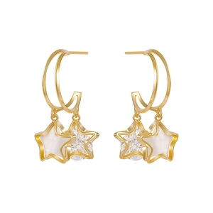 Elegant gold star drop earrings with white cat-eye stones and shimmering cubic zirconia
