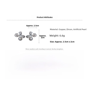Detailed specs of bowknot pearl earrings with cubic zirconia and silver needles