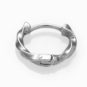 Detailed close-up of vintage silver twisted hoop earring with a secure hinged closure