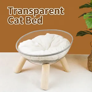 Transparent Cat Nest Space Capsule Bed With Acrylic Bowl Wood Legs And Soft Plush Cushion Modern Breathable Pet Furniture