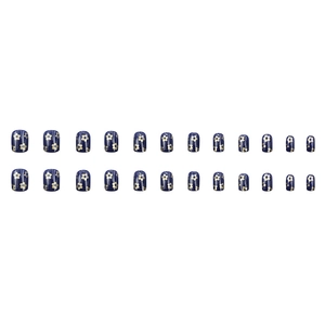 Short square navy blue press-on nails with golden floral patterns, 24 piece set for women