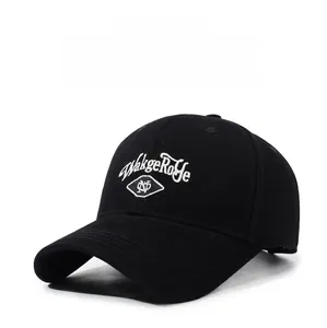 Detail shot of the WakgeRoge white embroidery on this black cotton baseball cap for sports