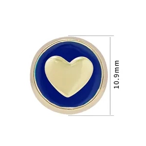 10.9mm round gold bead charm with blue enamel coating and a 3D heart design