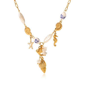 Gold stainless steel ocean necklace with starfish, shell, seahorse and pearl charms