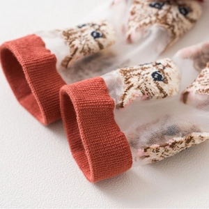 Sheer mesh ankle socks with cute cat print and caramel ribbed cuff for women
