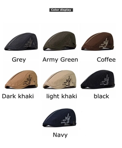 Detail view of cotton flat caps in seven colors with fashion print and metal buckles