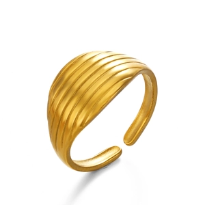 Minimalist 18K gold plated titanium steel wavy open ring with parallel ridges