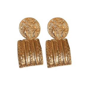 Vintage gold coin-style geometric drop earrings with hammered texture and vertical lines