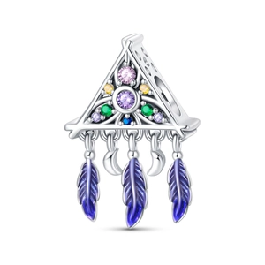 Detailed dreamcatcher charm with colorful zircons, purple feathers, and silver crescents