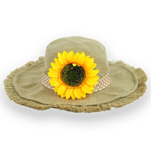 Linen sunflower sun hat with frayed brim and polka dot ribbon for summer beach vacation