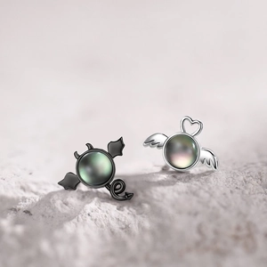 Angel And Devil Asymmetric Stud Earrings With Silver Earring Post Shell Inlaid Wings Heart Gothic Style For Women