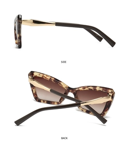 Side and back view of retro cat-eye sunglasses with tortoiseshell frames and gold temples