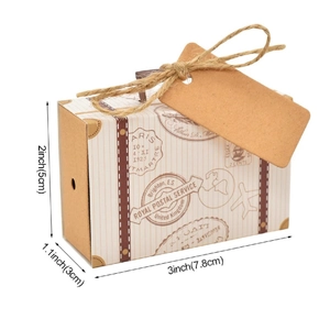 Mini vintage suitcase wedding candy box with dimensions 3x2x1.1 inches and paper gift tag