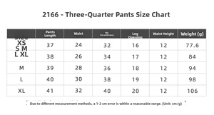 Detailed size chart for high-waisted yoga shorts including length, waist, and hip data