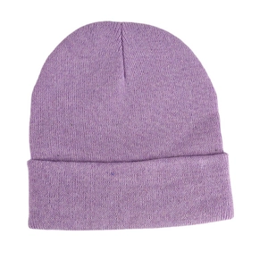 Classic plain light purple knit beanie with a rolled cuff design on a white background