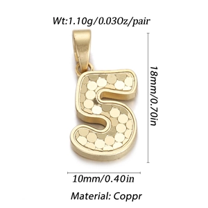 Detailed gold number five pendant with scale texture, copper material and dimensions shown