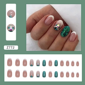 French oval fake nails with noble emerald green rhinestones and glitter accent kit