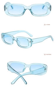 Three views of light blue rectangle sunglasses showing front, 45-degree side, and back angles