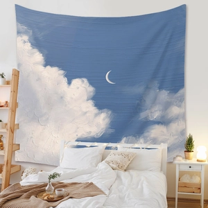 Detailed texture of oil painting style tapestry with blue sky and crescent moon