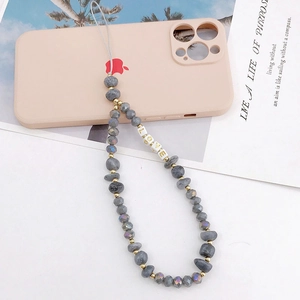 Close-up of beaded phone strap with gray frosted beads and LOVE letter squares