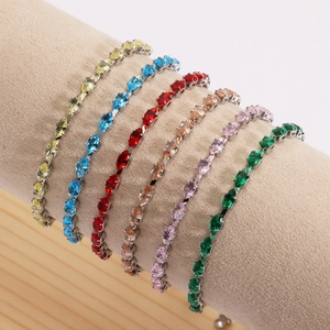 Detail of colorful marquise-cut zircon tennis bracelets on a display stand