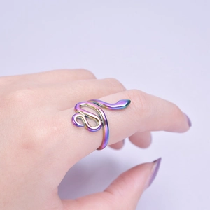 Adjustable rainbow snake ring in colorful titanium steel worn on finger
