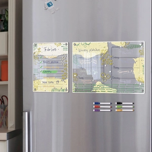 Clear acrylic weekly planner and to-do list set on a fridge with six markers