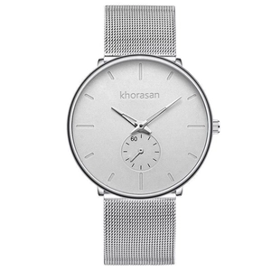 Minimalist silver men's quartz watch with stainless steel mesh strap and matte dial