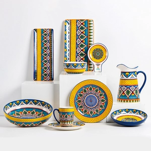 Bohemian Hand Painted Ceramic Dinnerware Havana Style Round Rectangular Plate Bowl Mug Pitcher Underglaze Mandala