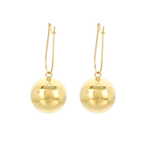 Modern gold spherical drop earrings with elongated hooks and high polished mirror finish