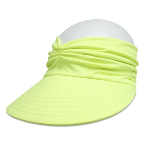 Macro detail of a neon yellow women's sun visor hat featuring a wide brim design