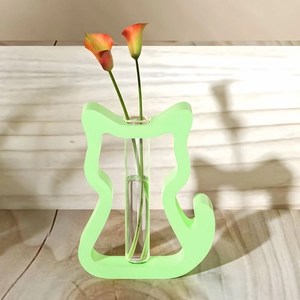 Cat-shaped hollow hydroponic test tube vase with light green finish for desktop decor