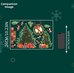 Christmas wall stickers featuring a 26cm tall tree and reindeer wreath next to a phone