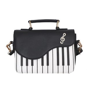 Piano key pattern PU shoulder bag with music note embroidery and gold hardware